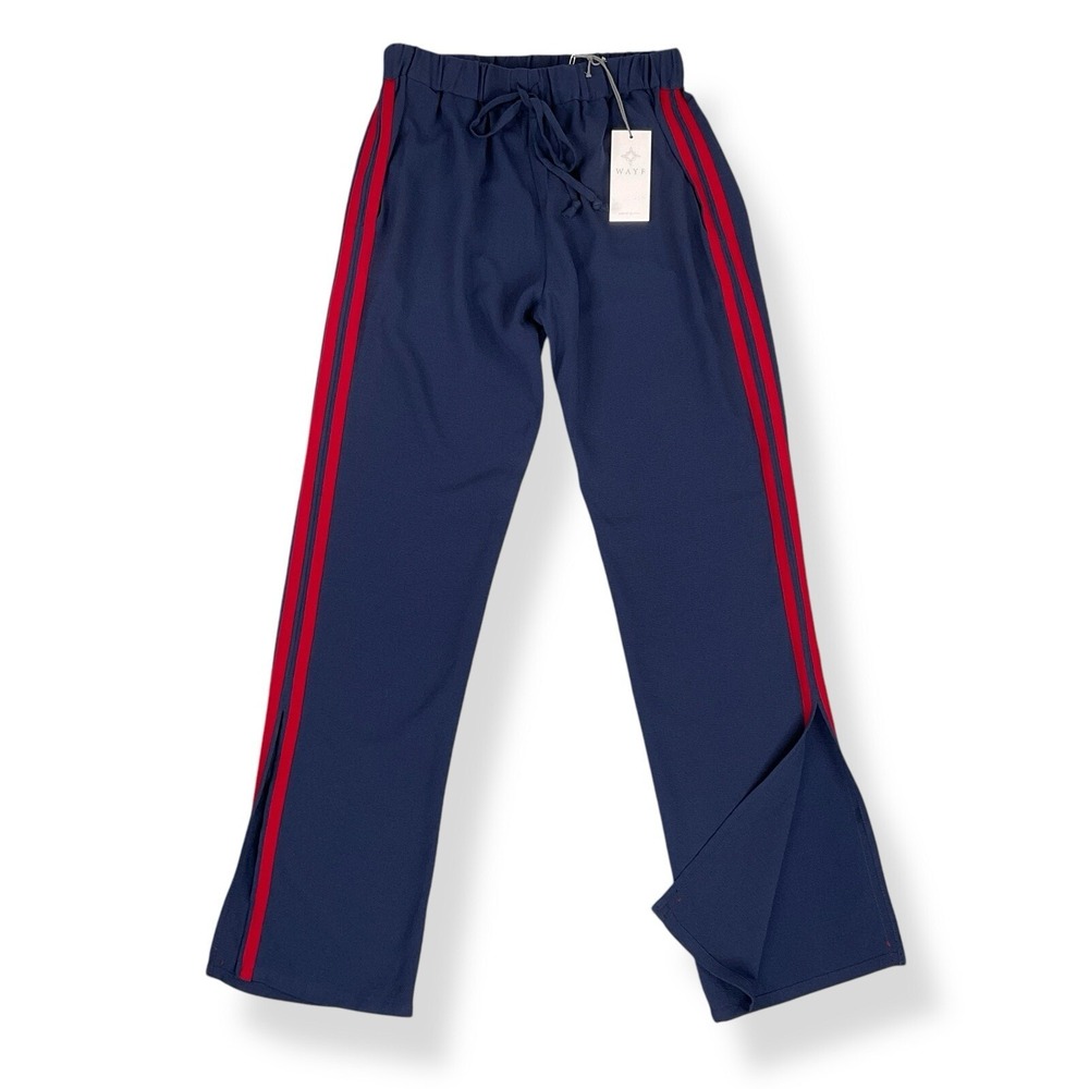 WAYF Pants Women Small Blue Elastic Waist Drawstring Track Stripe NWT